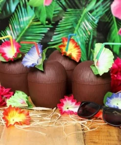 12-Pack Juvale Coconut Cups with Straws & Hawaiian Hibiscus Flower Decorate, 16oz Food Grade PVC Cup, Ideal for Tropical Luau Party Supplies