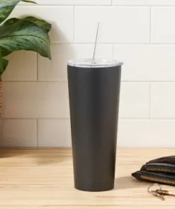 Room Essentials 25oz Double Walled Stainless Steel Vacuum Tumbler with Silicone Lid & Straw White