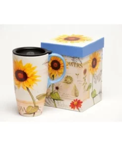 Evergreen Latte Travel Cup , Yellow & Red Sunflowers