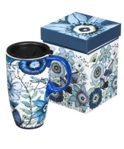Evergreen Shades of Indigo Ceramic Latte Travel Cup w/Gift Box , 17 oz.