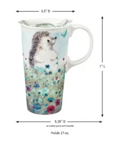 Evergreen Ceramic Travel Cup, 17 OZ. ,w/box and Tritan Lid, Headgehog in the meadow