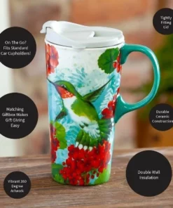 Evergreen Hummingbird Trio Ceramic Travel Coffee Mug, 17 ounces -Water Bottles Sales unnamed file 2434