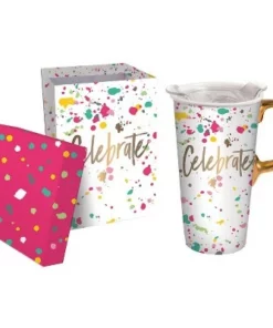 Evergreen Beautiful Celebrate Ceramic Travel Cup with Lid - 5 x 4 x 7 Inches