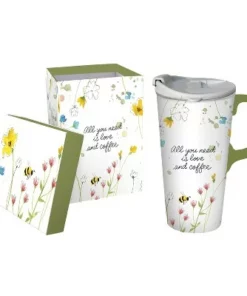 Evergreen Beautiful All You Need is Love and Coffee Ceramic Travel Cup - 5 x 7 x 4 Inches