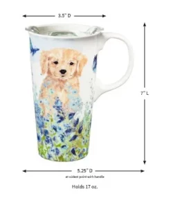 Evergreen Ceramic Travel Cup, 17 OZ. ,w/box and Tritan Lid, Puppies in the meadow