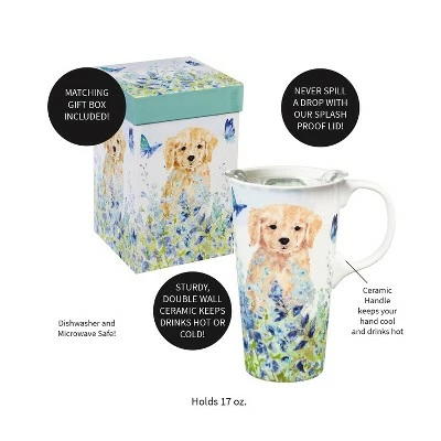 Evergreen Ceramic Travel Cup, 17 OZ. ,w/box and Tritan Lid, Puppies in the meadow 5 Evergreen Ceramic Travel Cup, 17 OZ. ,w/box and Tritan Lid, Puppies in the meadow - Image 3