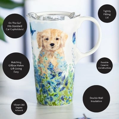 Evergreen Ceramic Travel Cup, 17 OZ. ,w/box and Tritan Lid, Puppies in the meadow 6 Evergreen Ceramic Travel Cup, 17 OZ. ,w/box and Tritan Lid, Puppies in the meadow - Image 4