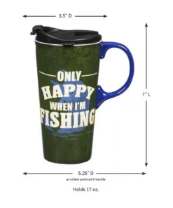 Evergreen Beautiful Only Happy When I'm Fishing Ceramic Travel Cup with Lid - 5 x 4 x 7 Inches