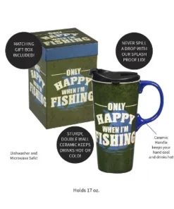 Evergreen Beautiful Only Happy When I'm Fishing Ceramic Travel Cup with Lid - 5 x 4 x 7 Inches -Water Bottles Sales unnamed file 2608