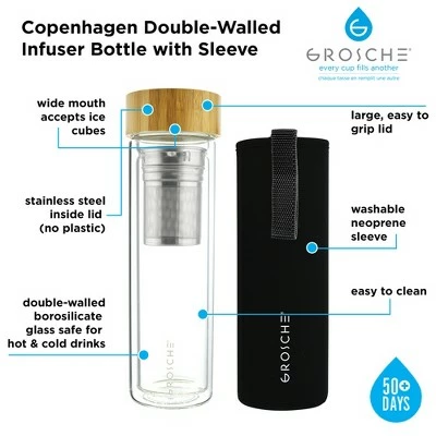 GROSCHE COPENHAGEN Double Walled Glass Tea Infuser Water Bottle, Insulated Bottle with Protective Sleeve, 14.3 fl oz. Capacity 4 GROSCHE COPENHAGEN Double Walled Glass Tea Infuser Water Bottle, Insulated Bottle with Protective Sleeve, 14.3 fl oz. Capacity - Image 2
